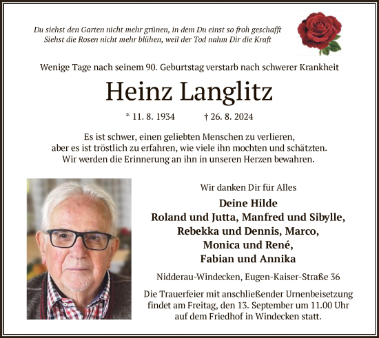 Traueranzeige von Heinz Langlitz von OF