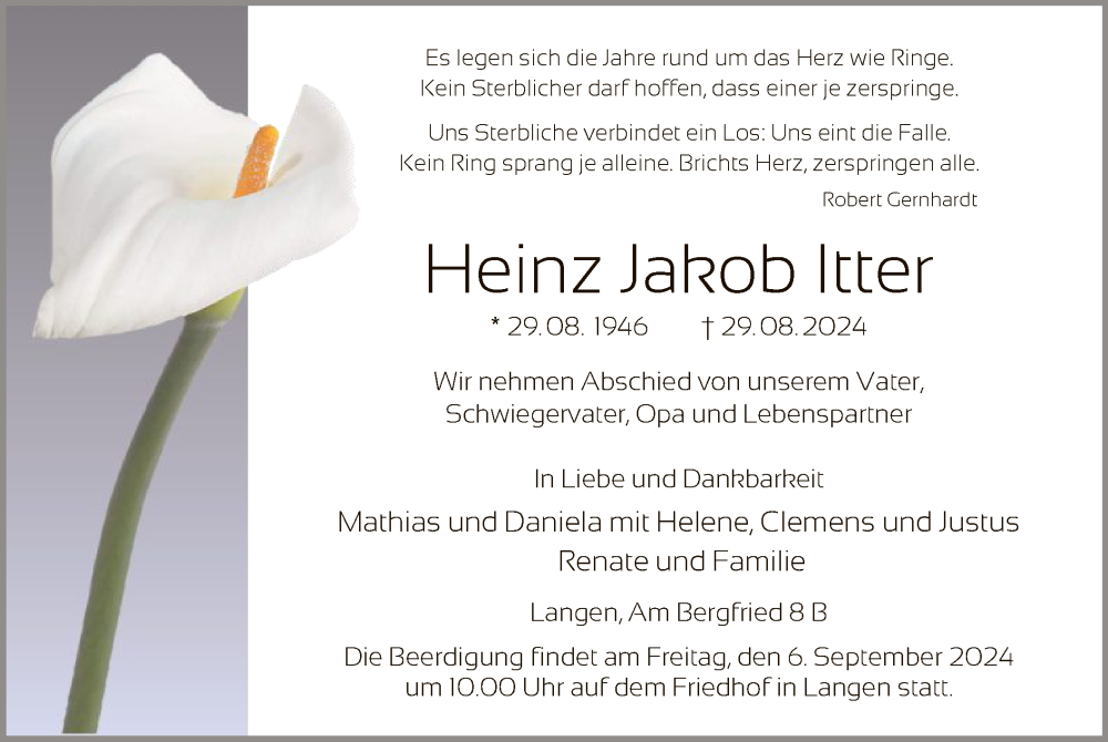  Traueranzeige für Heinz Jakob Itter vom 04.09.2024 aus OF