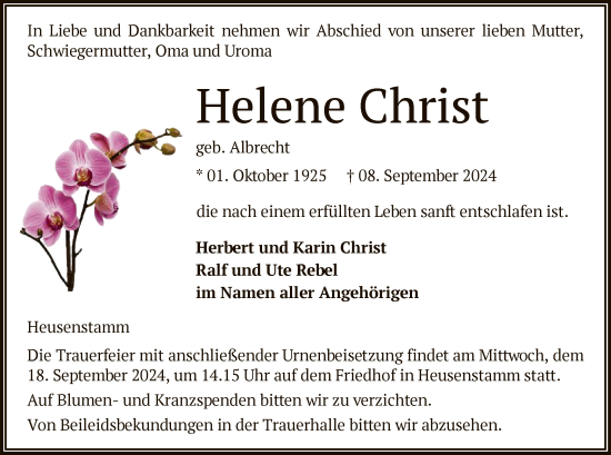 Traueranzeige von Helene Christ von OF