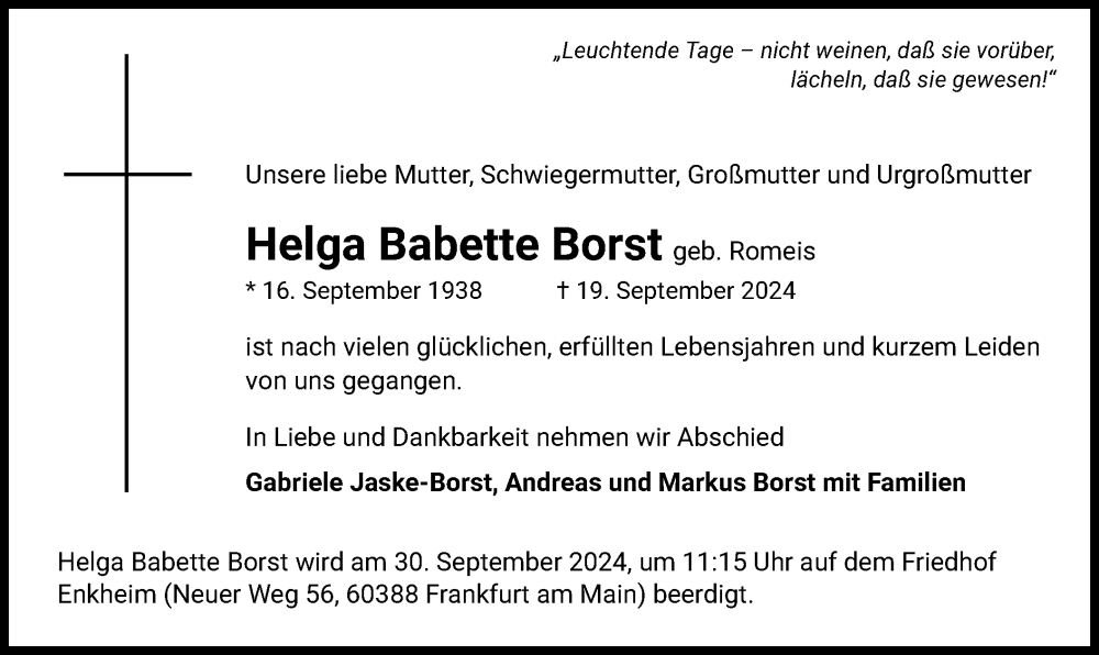  Traueranzeige für Helga Babette Borst vom 28.09.2024 aus OF