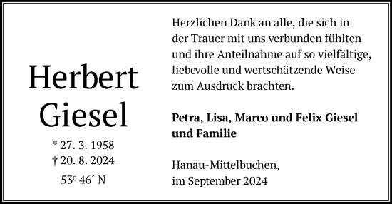 Traueranzeige von Herbert Giesel von OF