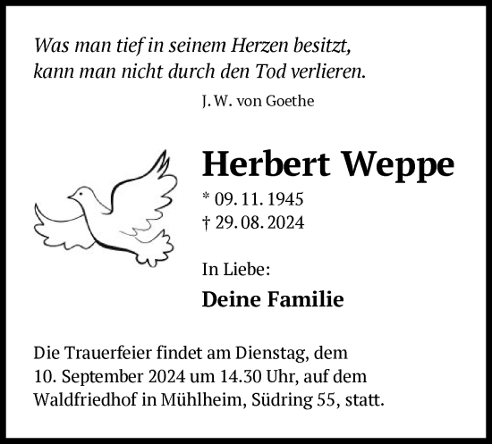 Traueranzeige von Herbert Weppe von OF