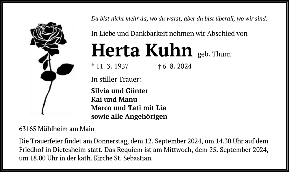  Traueranzeige für Herta Kuhn vom 07.09.2024 aus OF