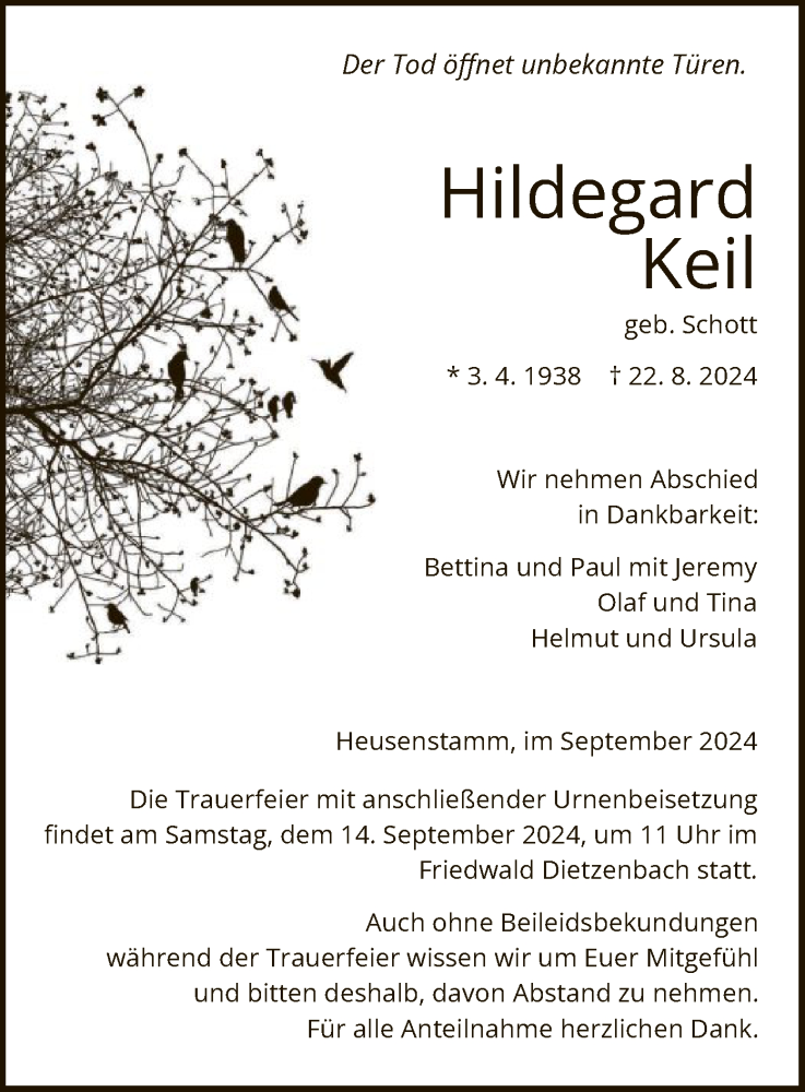  Traueranzeige für Hildegard Keil vom 07.09.2024 aus OF