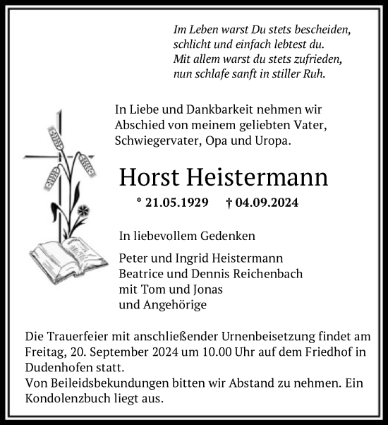 Traueranzeige von Horst Heistermann von OF