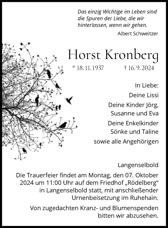 Traueranzeige von Horst Kronberg von OF