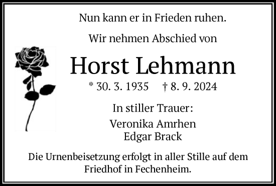 Traueranzeige von Horst Lehmann von OF
