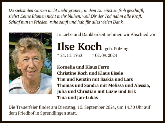 Traueranzeige von Ilse Koch von OF