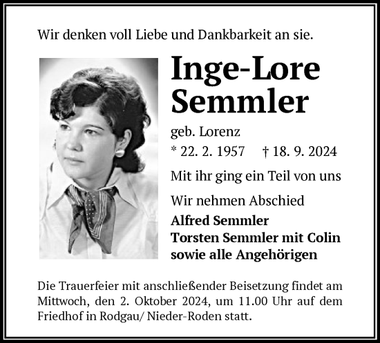 Traueranzeige von Inge-Lore Semmler von OF