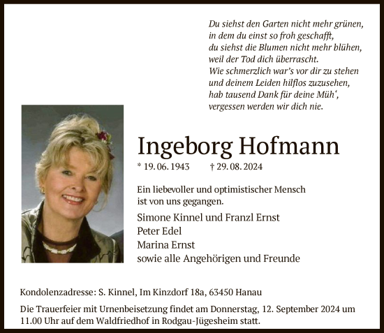 Traueranzeige von Ingeborg Hofmann von OFOF