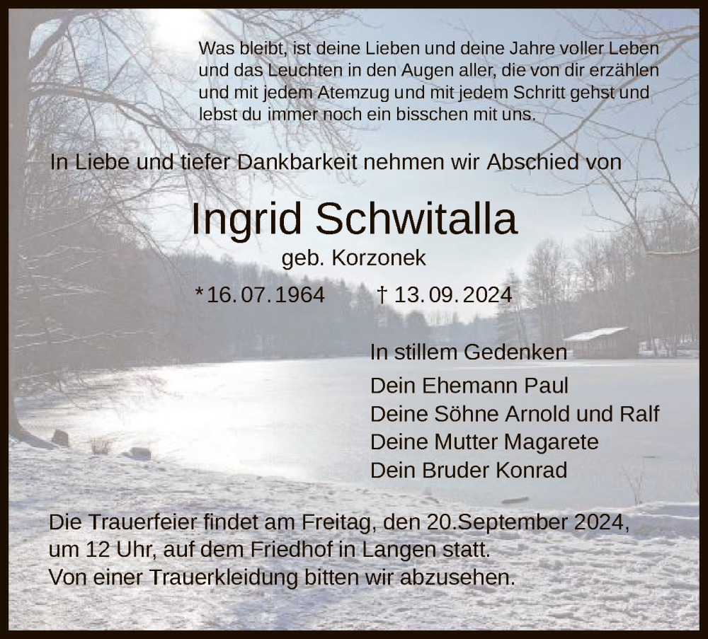  Traueranzeige für Ingrid Schwitalla vom 19.09.2024 aus OF