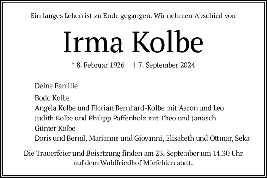 Traueranzeige von Irma Kolbe von OF
