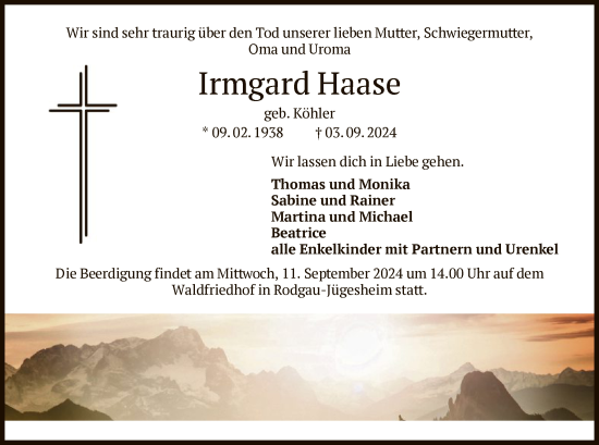 Traueranzeige von Irmgard Haase von OF