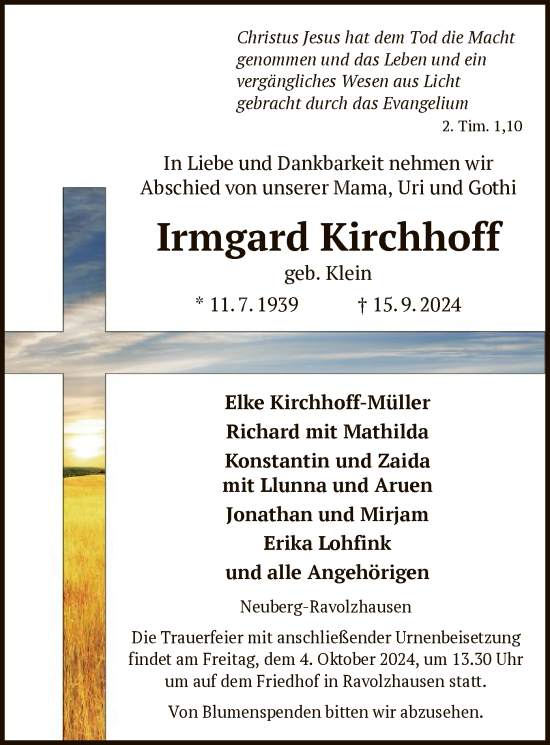 Traueranzeige von Irmgard Kirchhoff von OF