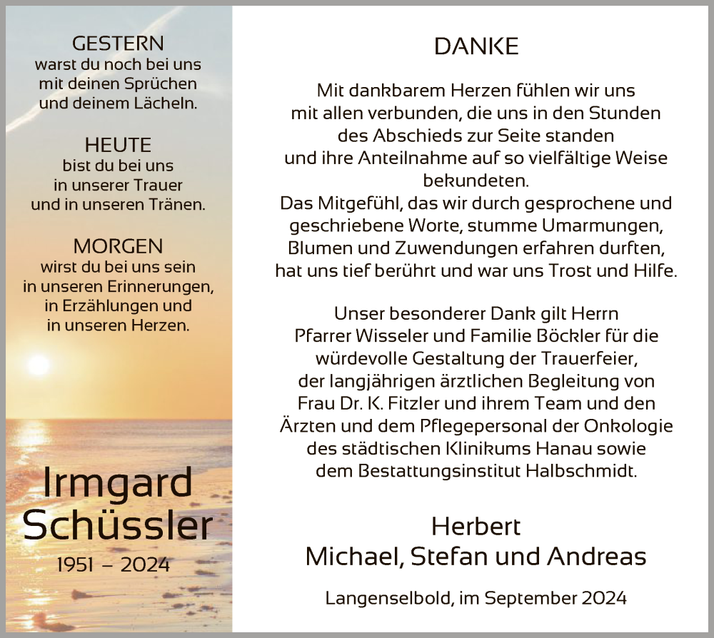  Traueranzeige für Irmgard Schüssler vom 14.09.2024 aus OF