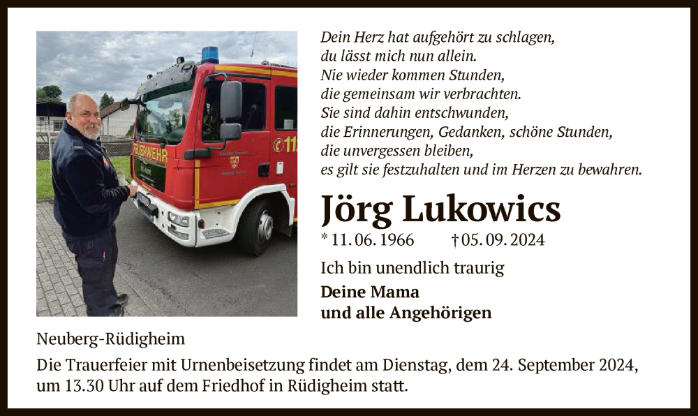  Traueranzeige für Jörg Lukowics vom 14.09.2024 aus OF