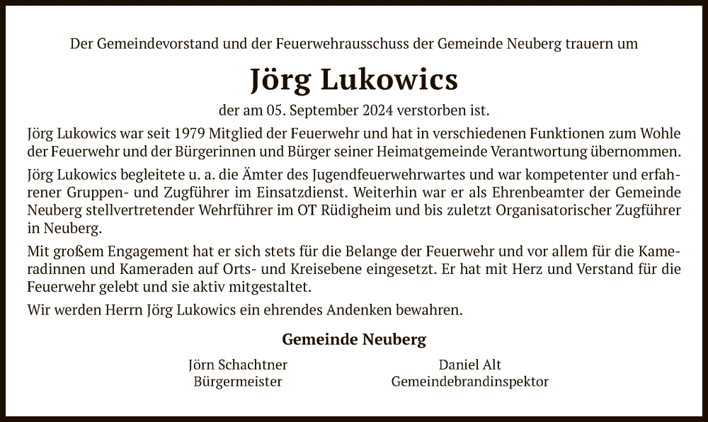  Traueranzeige für Jörg Lukowics vom 14.09.2024 aus OF