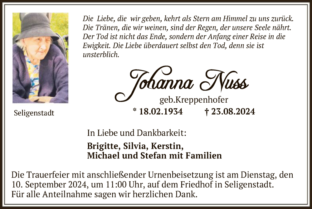  Traueranzeige für Johanna Nuss vom 07.09.2024 aus OF