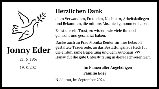 Traueranzeige von Jonny Eder von OF