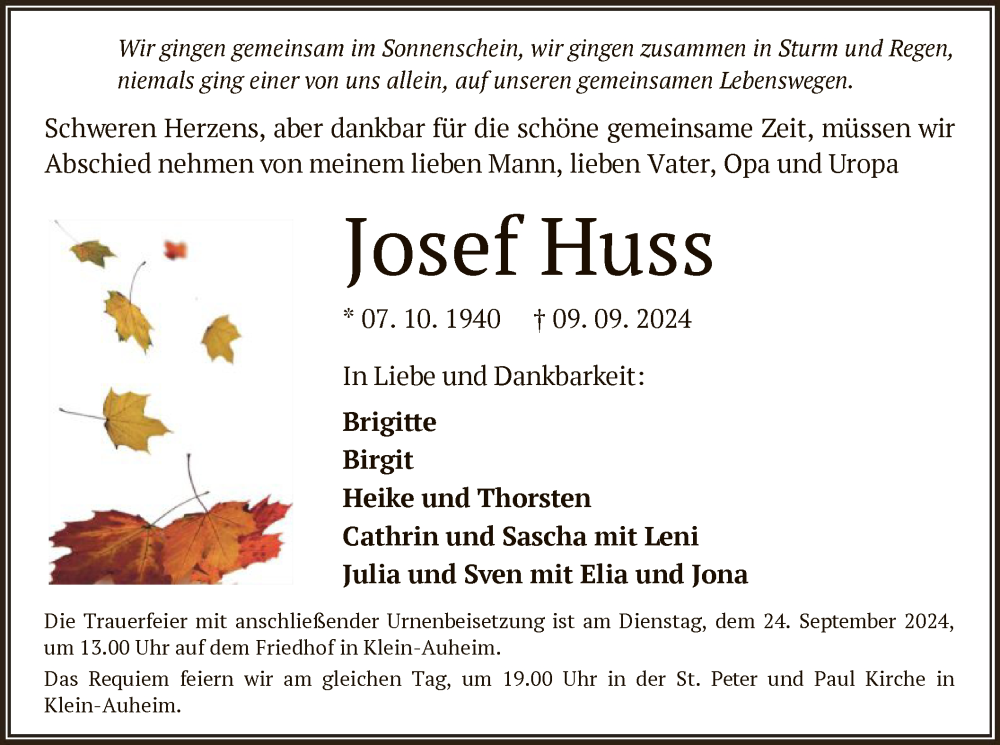  Traueranzeige für Josef Huss vom 21.09.2024 aus OF