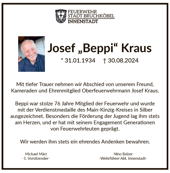 Traueranzeige von Josef Kraus von OF