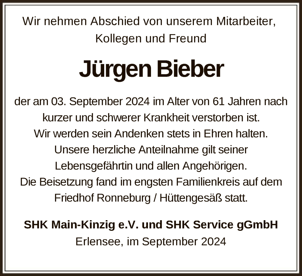  Traueranzeige für Jürgen Bieber vom 28.09.2024 aus OF
