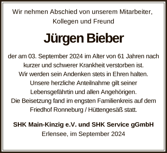 Traueranzeige von Jürgen Bieber von OF
