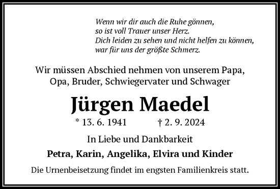 Traueranzeige von Jürgen Maedel von OF