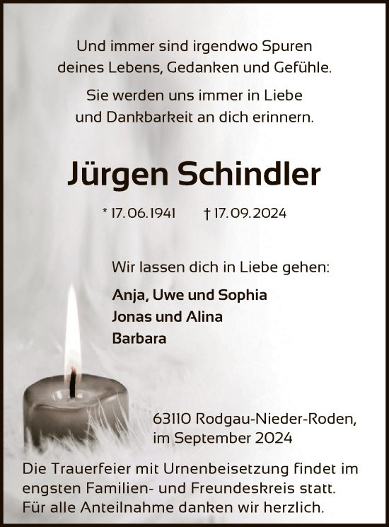 Traueranzeige von Jürgen Schindler von OF