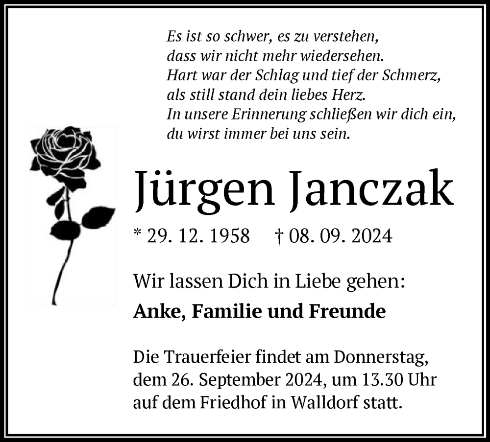  Traueranzeige für Jurgen Janczak vom 20.09.2024 aus OF