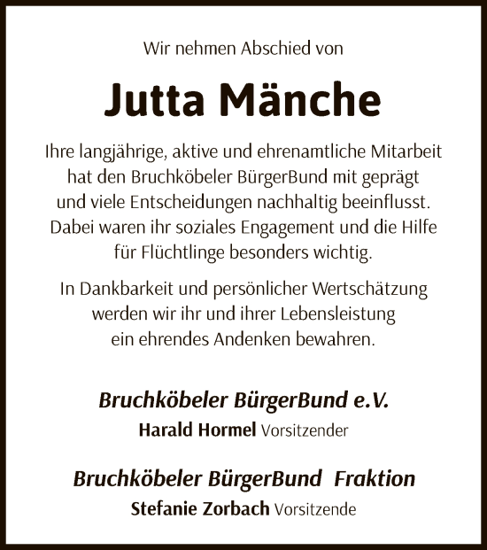 Traueranzeige von Jutta Mänche von OF