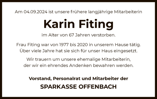Traueranzeige von Karin Fiting von OF