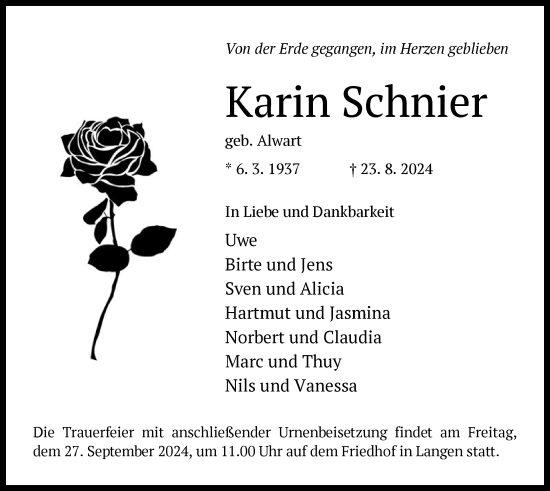Traueranzeige von Karin Schnier von OF