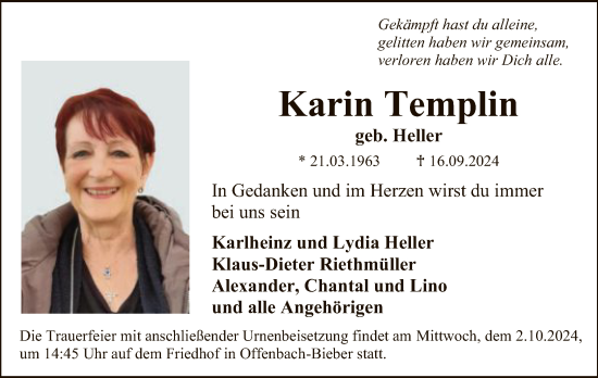 Traueranzeige von Karin Templin von OF