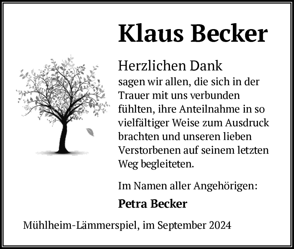  Traueranzeige für Klaus Becker vom 28.09.2024 aus OF