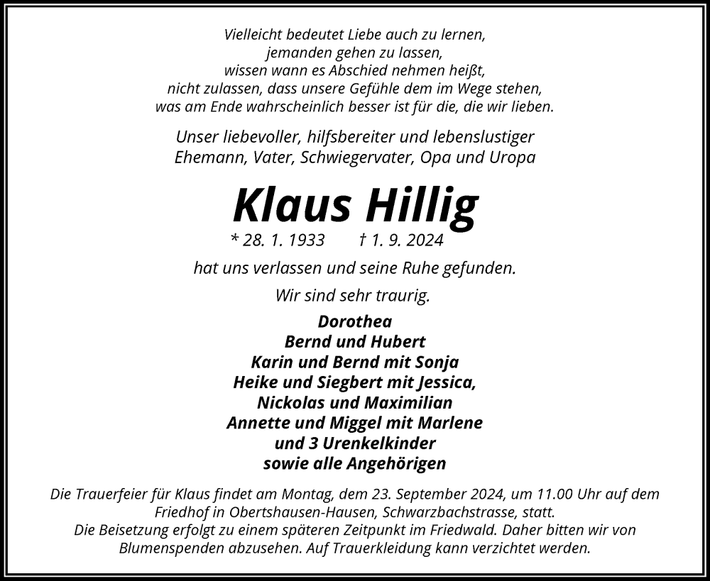  Traueranzeige für Klaus Hillig vom 14.09.2024 aus OF