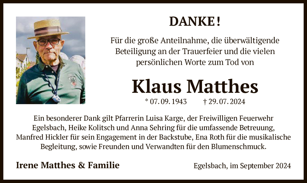  Traueranzeige für Klaus Matthes vom 07.09.2024 aus OF