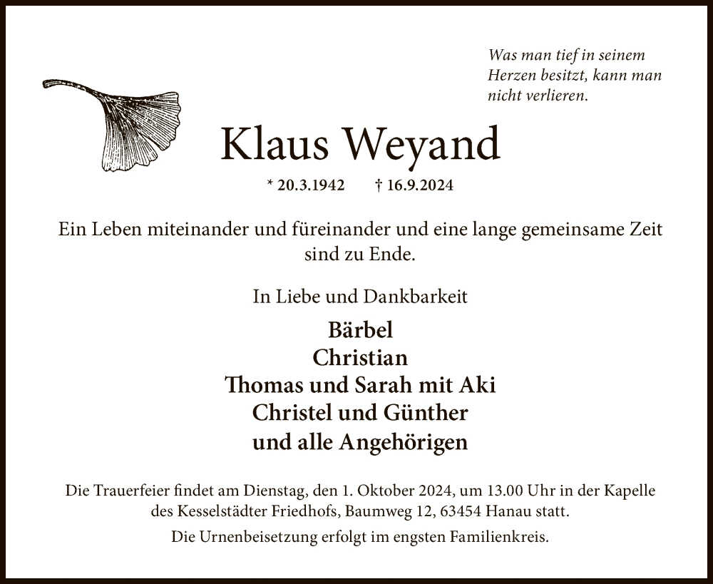  Traueranzeige für Klaus Weyand vom 28.09.2024 aus OF