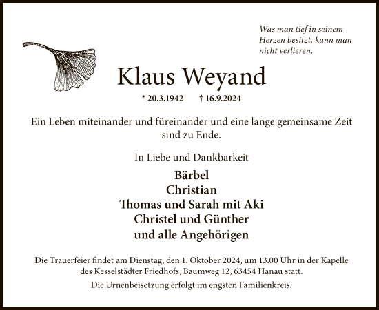 Traueranzeige von Klaus Weyand von OF