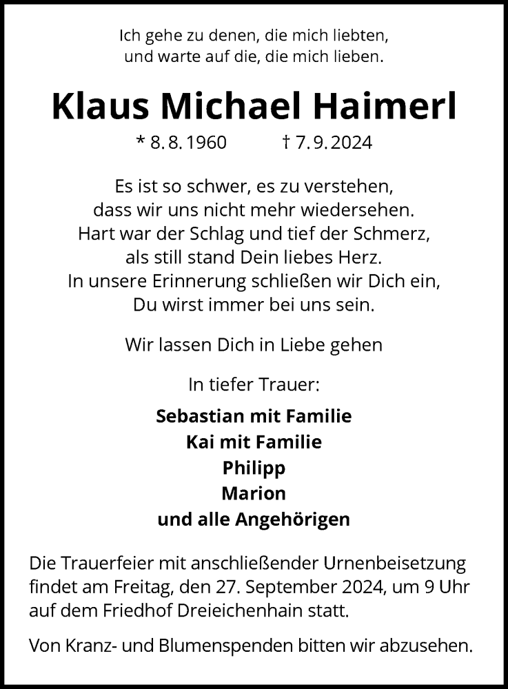  Traueranzeige für Klaus Michael Haimerl vom 21.09.2024 aus OF