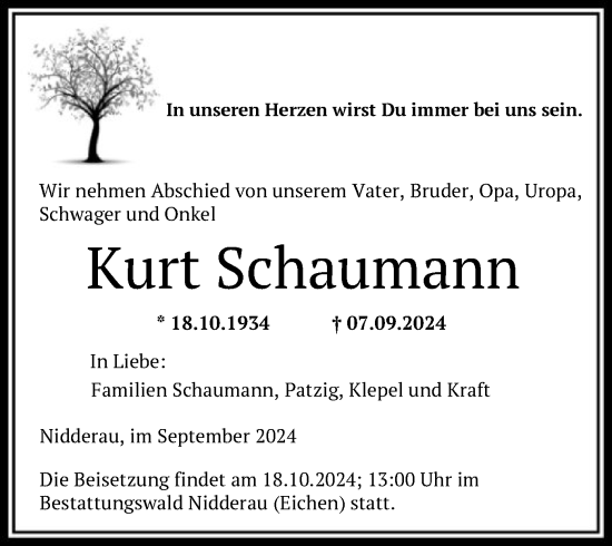 Traueranzeige von Kurt Schaumann von OF