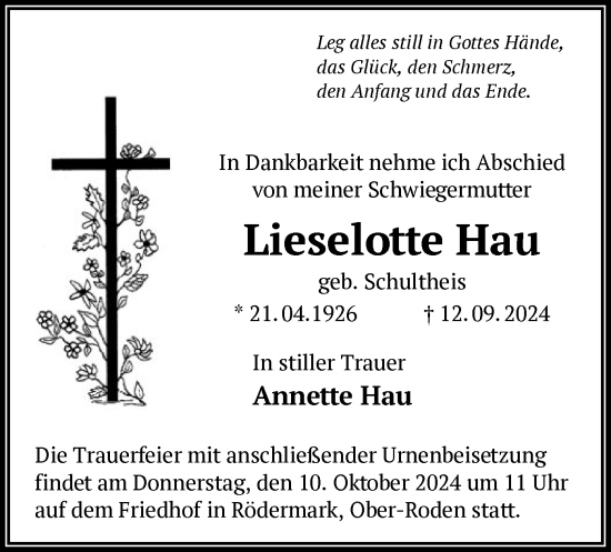 Traueranzeige von Lieselotte Hau von OF