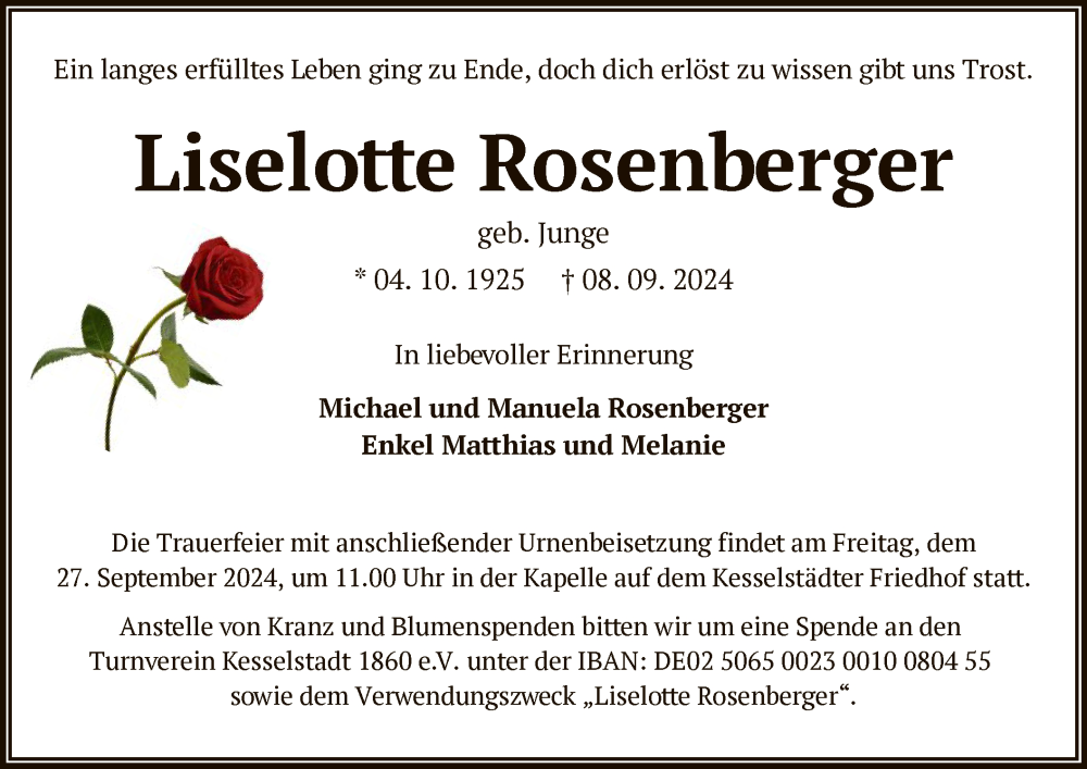  Traueranzeige für Liselotte Rosenberger vom 21.09.2024 aus OF