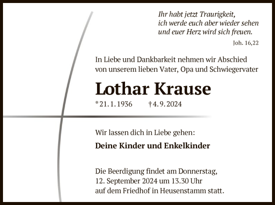 Traueranzeige von Lothar Krause von OF