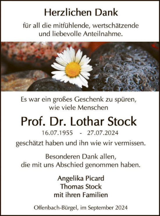 Traueranzeige von Lothar Stock von OF