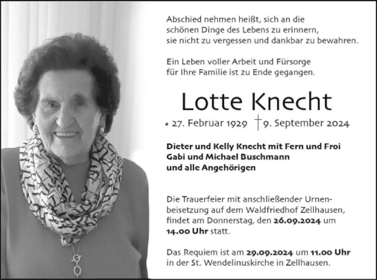 Traueranzeige von Lotte Knecht von OF