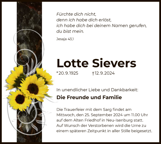 Traueranzeige von Lotte Sievers von OF