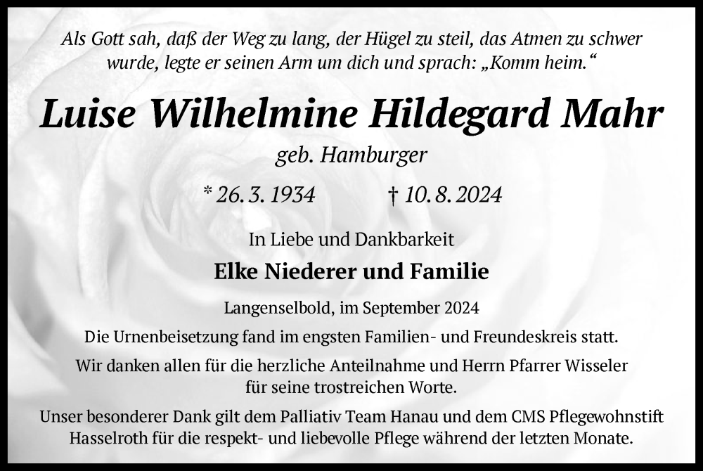  Traueranzeige für Luise Wilhelmine Hildegard Mahr vom 07.09.2024 aus OF