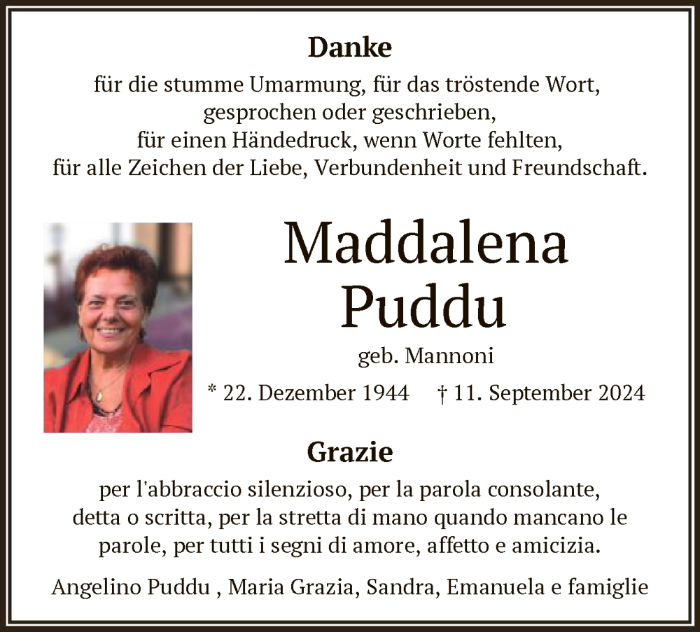  Traueranzeige für Maddalena Puddu vom 28.09.2024 aus OF