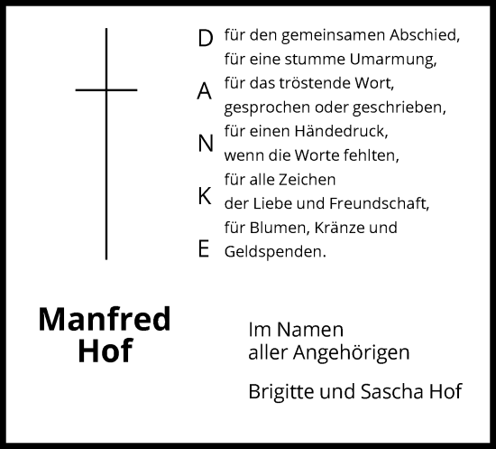 Traueranzeige von Manfred Hof von OF